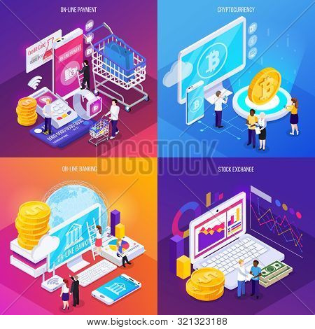 Financial Technology Isometric Design Concept Electronic Payment Crypto Currency Online Banking Stoc