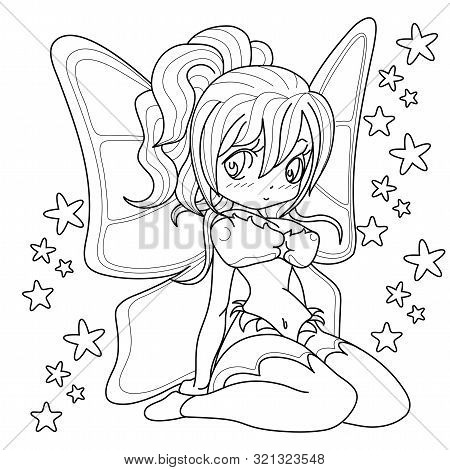 Beautifull Fairy Girl, Fantasy Black And White Image. Outlined On White Background For  Kids Colorin