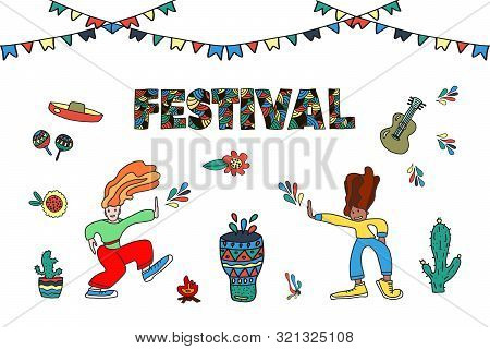 Dancing Girl. Hi Festival. Vector Illustration Of Funny Dancing Two Women In Bright Costumes. Design