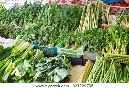Greengrocery On Sale At Thai Market - Chinese Cabbage, Mint, Spinach, Basil, Chinese Mustard Green, 