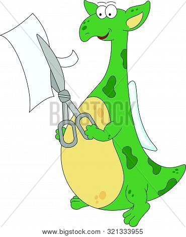 Cartoon Green Dragon Cuts Paper With Scissors
