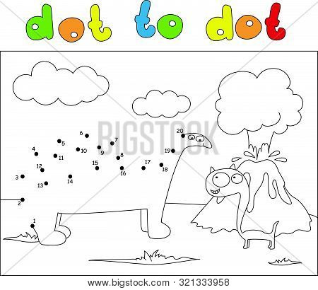 Two Comic Dinosaurs And Volcano Eruption. Dot To Dot Game For Kids