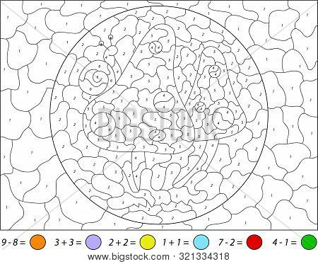 Cartoon Mushrooms And Snail. Addition And Subtraction Tasks. Color By Number Educational Game