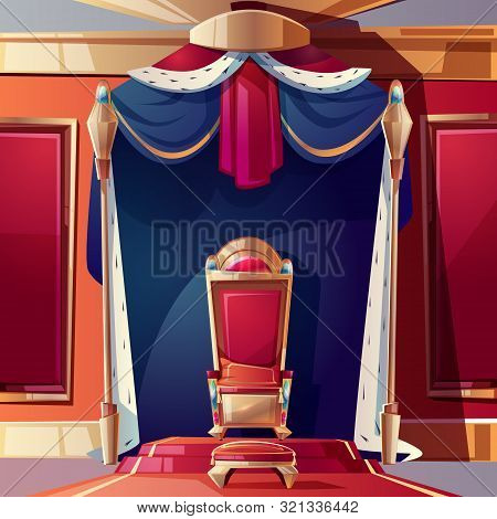 Golden Kings Throne Inlaid With Gems, Ottoman And Pillow On Seat, Standing On Pedestal In Ballroom O