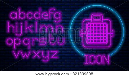Glowing Neon Pet Carry Case Icon Isolated On Brick Wall Background. Carrier For Animals, Dog And Cat