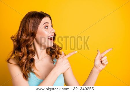 Photo Of Foxy Ginger Trendy Cute Nice Charming Pretty Sweet Attractive Girlfriend Pointing Somewhere