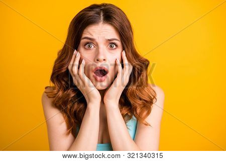Close Up Photo Of Horrified Frightened Girlfriend Feared With Something Being About To Cry And Shout