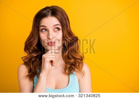 Close Up Photo Of Wavy Curly Trendy Attractive Girlfriend Touching Her Chin While Planning Something