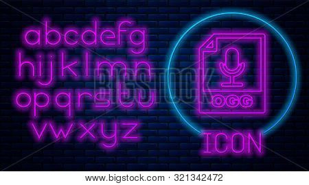 Glowing Neon Ogg File Document. Download Ogg Button Icon Isolated On Brick Wall Background. Ogg File