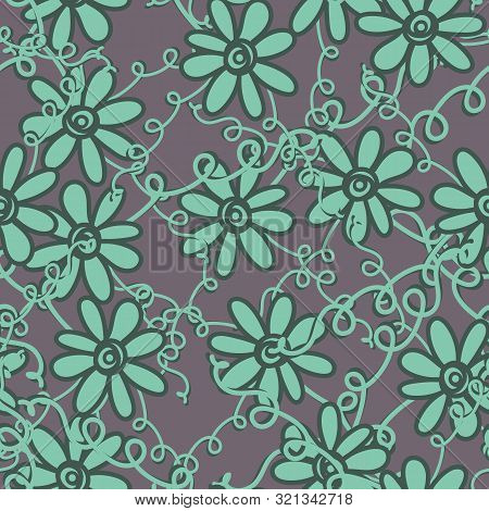 A Seamless Vector Pattern With Flowersandtangled Vines In Patina Green Color. Surface Print Design.