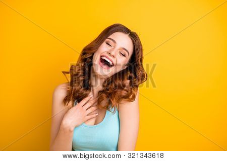 Photo Of Cheerful Positive Charming Pretty Lovely Sweet Girlfriend Wearing Turquoise Singlet Laughin