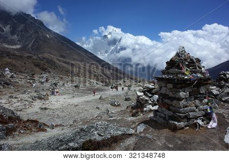 Memorial place for people, who died when climbing Mt. Everest, at Thokla pass (4830 m) near the village of Dughla in the Khumbu Valley, Sagarmatha national park, Nepal