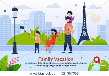 Tour Abroad On Family Vacation Motivation Poster. Travel To Europe. Cartoon Father, Mother And Child