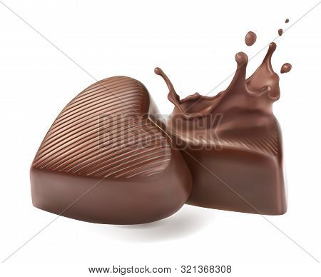 Chocolate Candies. Liquid Splash On Candy. Vector Realistic Illustration On White Background.