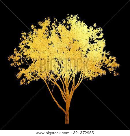 Golden Shinning Material Texture Pattern Tree Isolated On Black Background. Creative Abstract.