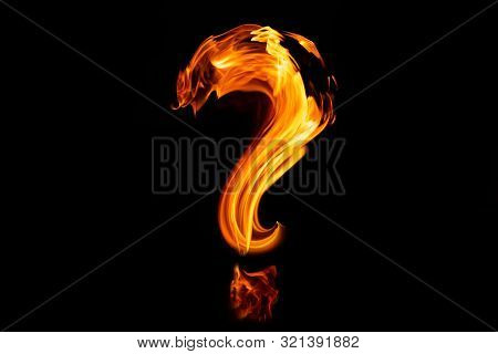 Fire question mark on black background, texture, close up