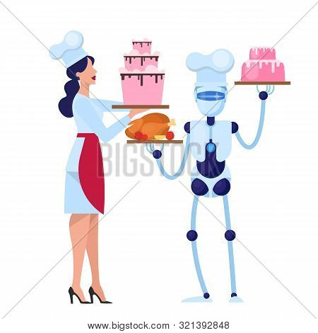 Human And Robot Chef Cooking Tasty Cake On The Kitchen.