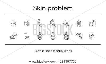 Skin Problem Line Icon Set. Woman, Face, Uv Cream, Peeling, Injection Skin Care Concept. Can Be Used