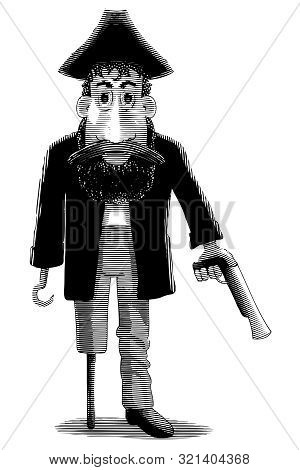 Engraved-style Illustration Of A Cartoon Pirate Holding A Gun.