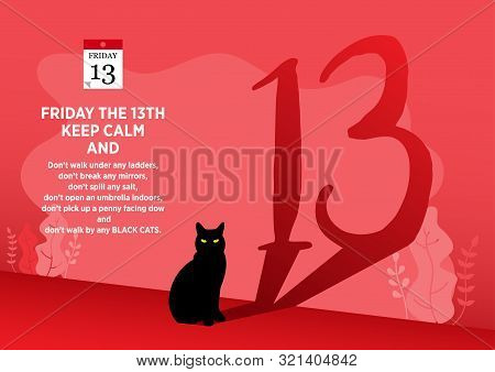 Illustration Of A Black Cat With Its Reflection Resembling Number 13 On A Red Background