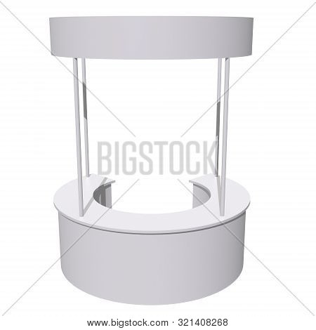 Stall Or Kiosk Modern Reception Desk. Trade Show Booth White And Blank. 3d Render Illustration Isola