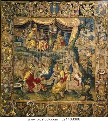 Como, Italy - April 16, 2019: Detail Of The Tapestry From Como Cathedral In Italy. Como Cathedral Is