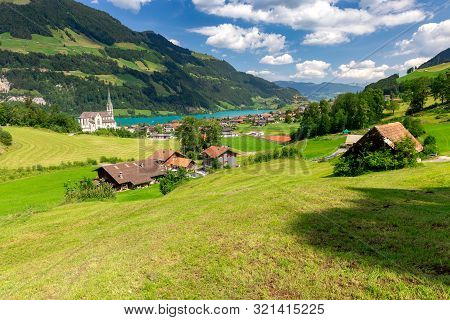View Of The Traditional Medieval Alpine Village On A Sunny Day. Lungern Switzerland.