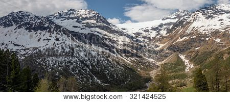 View Of A Panorama From The Mountains Around Alp Gruem-bernina Massif And Palue Gletzscher, Swiss Al
