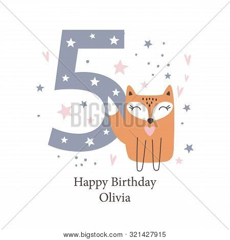 Fifth Birthday Greetings Card With A Cute Fox. Kids Party With Animals. Vector