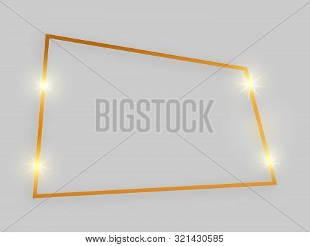 Shiny Frame With Glowing Effects. Gold Quadrangular Frame With Shadow On Grey Background. Vector Ill