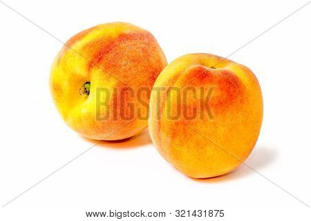 Two Juicy Peaches. Summer Fruits. Harvest On The Farm. Delicious Igridient For Juice. White Backgrou