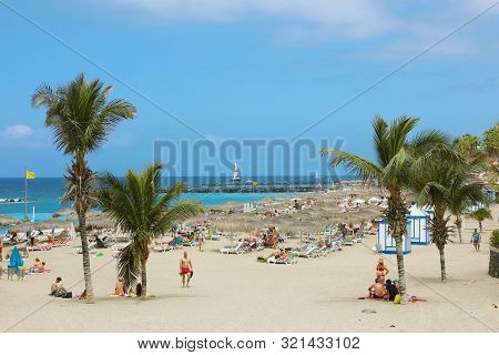 Tenerife, Spain - May 28, 2019: Playa Del Duque Beach On  Adeje Coast, Tenerife