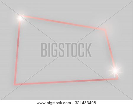 Shiny Frame With Glowing Effects. Rose Gold Quadrangular Frame With Shadow On Grey Background. Vecto