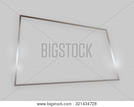 Shiny Frame With Glowing Effects. Silver Quadrangular Frame With Shadow On Grey Background. Vector I