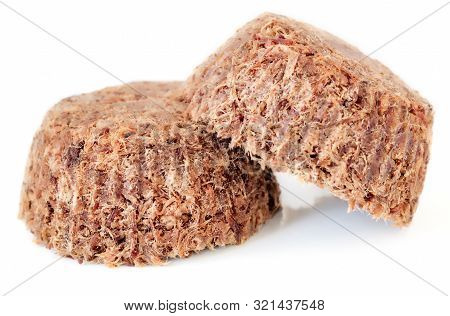 Homemade Plain With Salt Beef Meat And Liver Pemmican Isolated On White, Front View