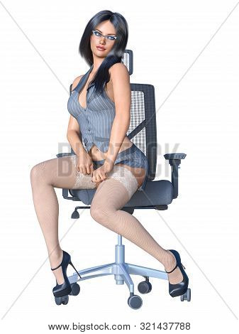 Long-haired Sexy Brunette Secretary Uniform White Stocking.short Mini Skirt Striped Jacket.beautiful