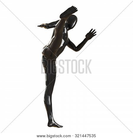 Black Mannequin Guy Kicks A High Kick. Isolated On A White Background. 3d Rendering