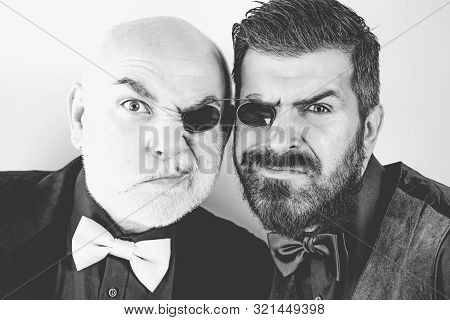 Old Father And Son. Fathers Day. Crazy Emotions. Comical Dad And Son. Funny Expression People. Daddy