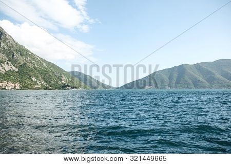 Beautiful Sea View Of Boko Kotor Bay In Montenegro. Natural Mountain Landscape.