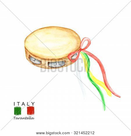 Tambourine Watercolor. Musical Instrument. National Folk Italian Tarantella Dance Musical Instrument