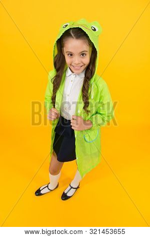Cute Raincoat Kids Would Love. Frog Style. Schoolgirl Hooded Raincoat Enjoy Fall Weather. Rainproof 
