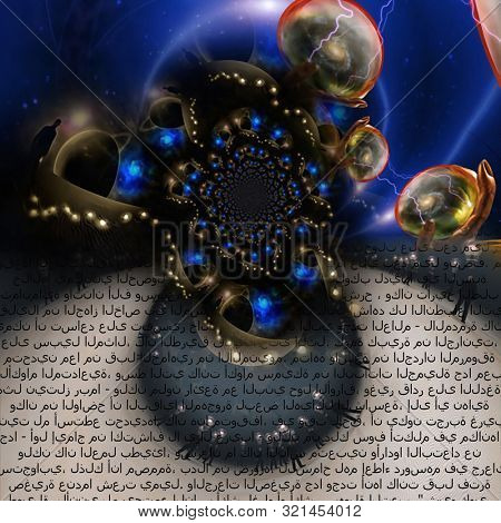 Multiverse fractal. Writings on Arabian. 3D rendering