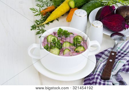 Cold Beet Soup With Cucumbers. Studio Photo