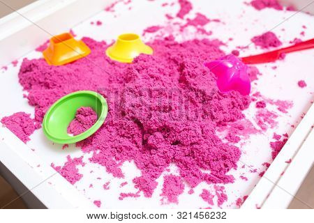 Kinetic Sand In A Heap For Indoor Game Or Children Creativity. Forms For The Construction Of The Kin