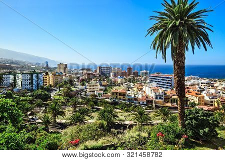 Puerto De La Cruz, Tenerife, Spain - February 9, 2019: View Of The Popular Resort From The Taoro Par