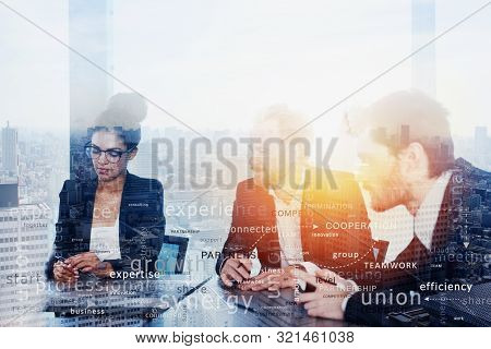 Team Of People Work Together. Concept Of Teamwork And Partnership. Most Important Business Terms In 
