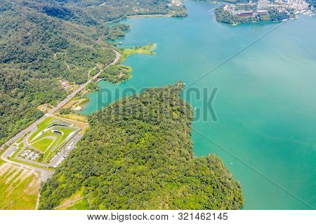 aerial landscape with famous Xiangshan Visitor Center at Sun Moon Lake, Nantou, Taiwan