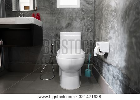 White Hanging Toilet Seat On White Toilet In The Home Bathroom With Grey Tiles In Concrete Style And