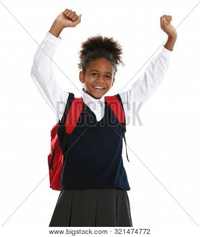 Happy African-american Girl In School Uniform On White Background