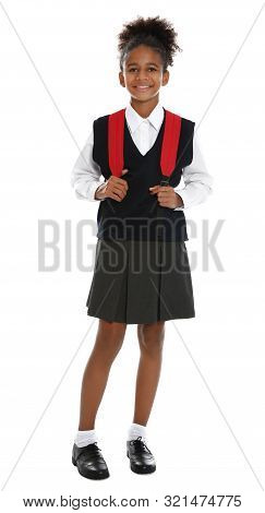 Happy African-american Girl In School Uniform On White Background